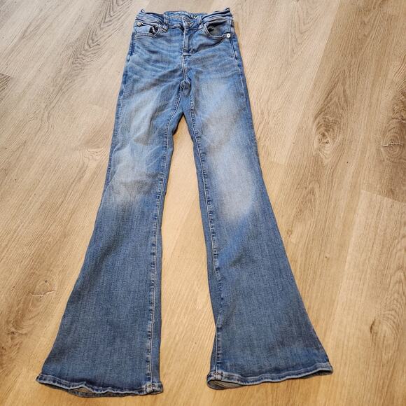 American Eagle Super Hi-Rise Flare Jeans Next Level Stretch Size 0 Regular Blue - Picture 1 of 9
